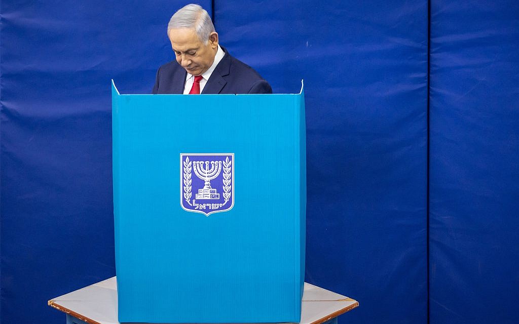 Israel’s Prime Minister Benjamin Netanyahu casts his vote during Israel's parliamentary election in Jerusalem April 9, 2019. Photo by: Emil Salman-JINIPIX