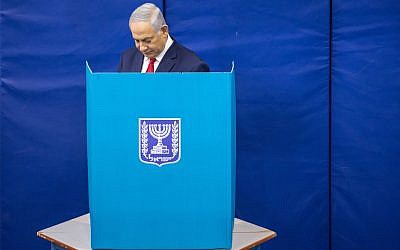 Israel’s Prime Minister Benjamin Netanyahu casts his vote during Israel's parliamentary election in Jerusalem April 9, 2019. Photo by: Emil Salman-JINIPIX