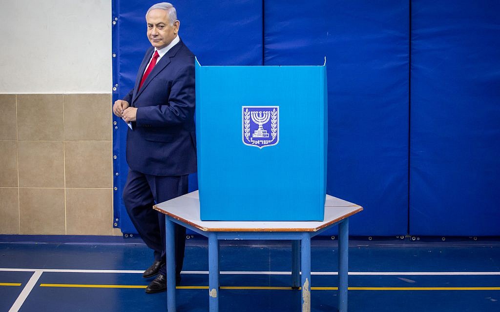 Israel’s Prime Minister Benjamin Netanyahu casts his vote during Israel's parliamentary election in Jerusalem April 9, 2019. Photo by: Emil Salman-JINIPIX