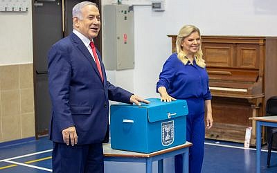 Israel’s Prime Minister Benjamin Netanyahu casts his vote with his wife Sara during Israel's parliamentary election in Jerusalem April 9, 2019. Photo by: Emil Salman-JINIPIX