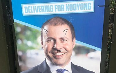A campaign poster with the words right wing fascist written across Josh Frydenberg's face.
 Photo source: https://www.abc.net.au/news/2019-04-04/josh-frydenberg-campaign-posters-anti-semitic-vandalism/10972658