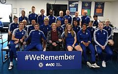 Susan Pollack (centre) with Chelsea Women players, as they heard testimony from the 88-year-old survivor this week.