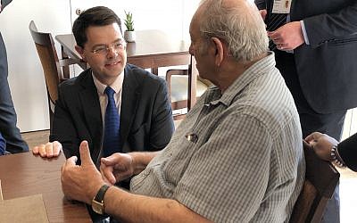 Communities secretary James Brokenshire speaking to a tenant of Jewish Care facility Wohl Court