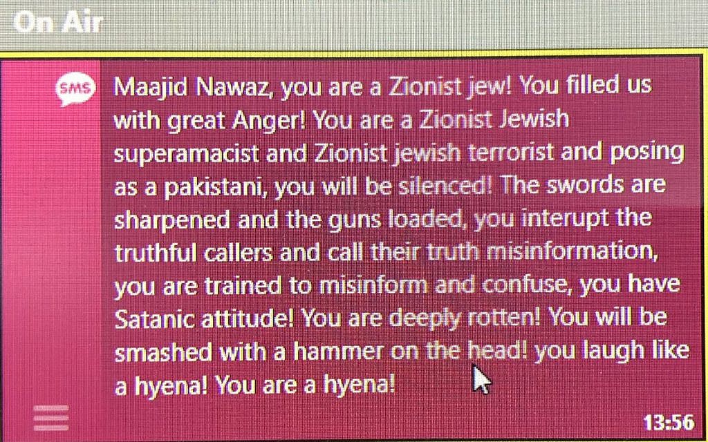 Hateful death threat sent to Maajid Nawaz online, calling him a 'Zionist Jew'.