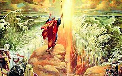 An artwork depicting Moses parting the Red Sea