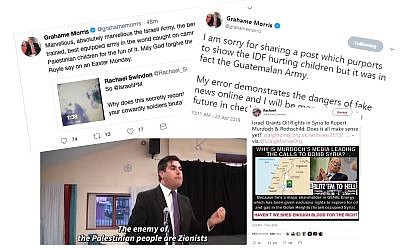 Top: Grahame Morris' initial tweet and apology. Bottom: Richard Burgon caught saying 'Zionism is the enemy of peace', and a Rothschild conspiracy tweet from Rachel Swindon, who Morris retweeted.