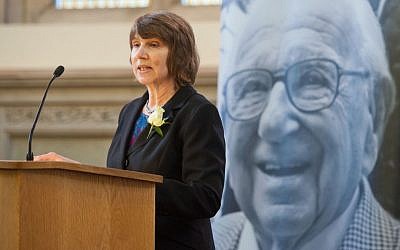 Barbara Winton speaking at a Holocaust remembrance conference in 2017.
