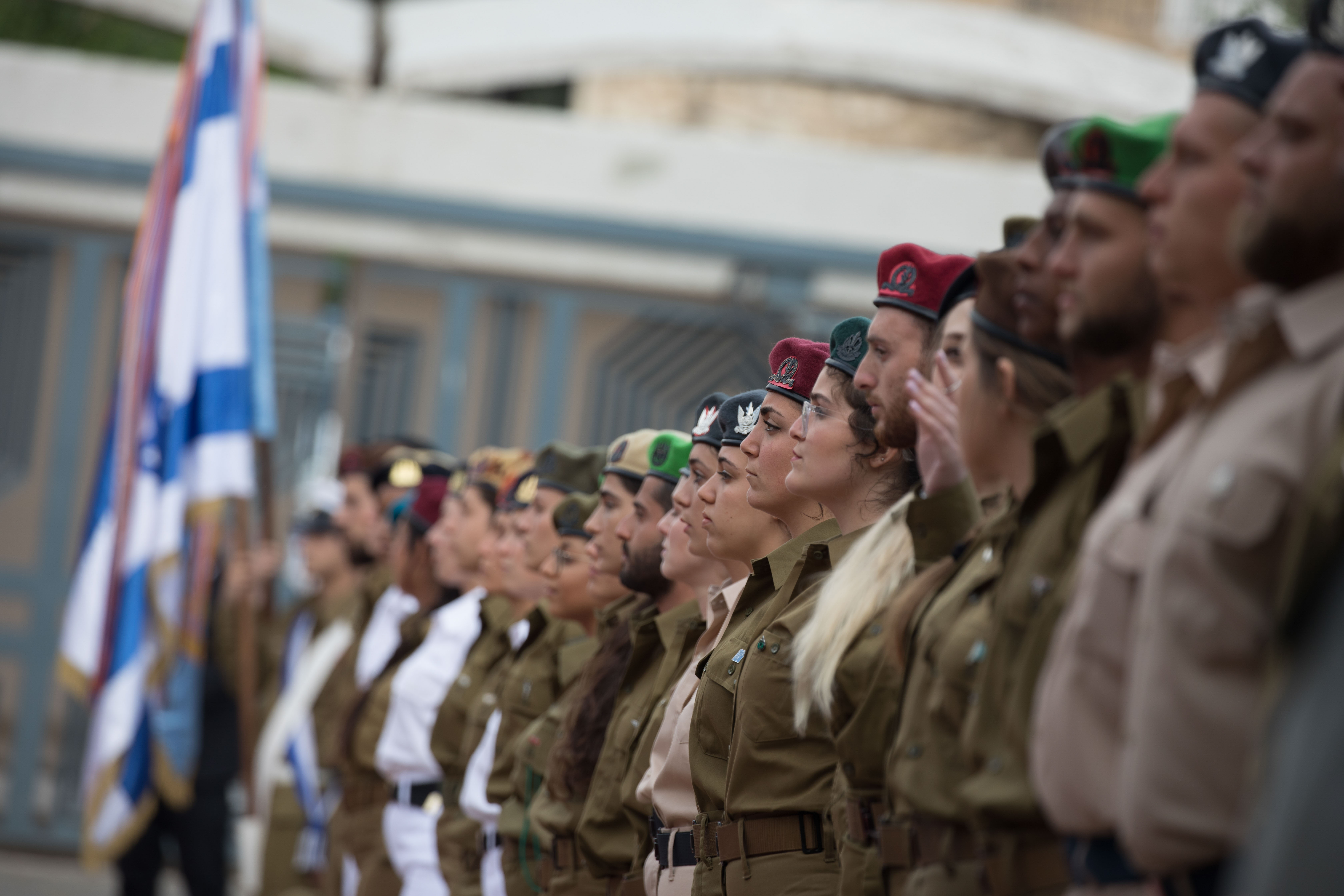 Israeli soldiers stand during an event for outstanding soldiers as part of Israel's 71st Independence Day celebrations, at the President's residence in Jerusalem on May 9, 2019.  Photo by: JINIPIX