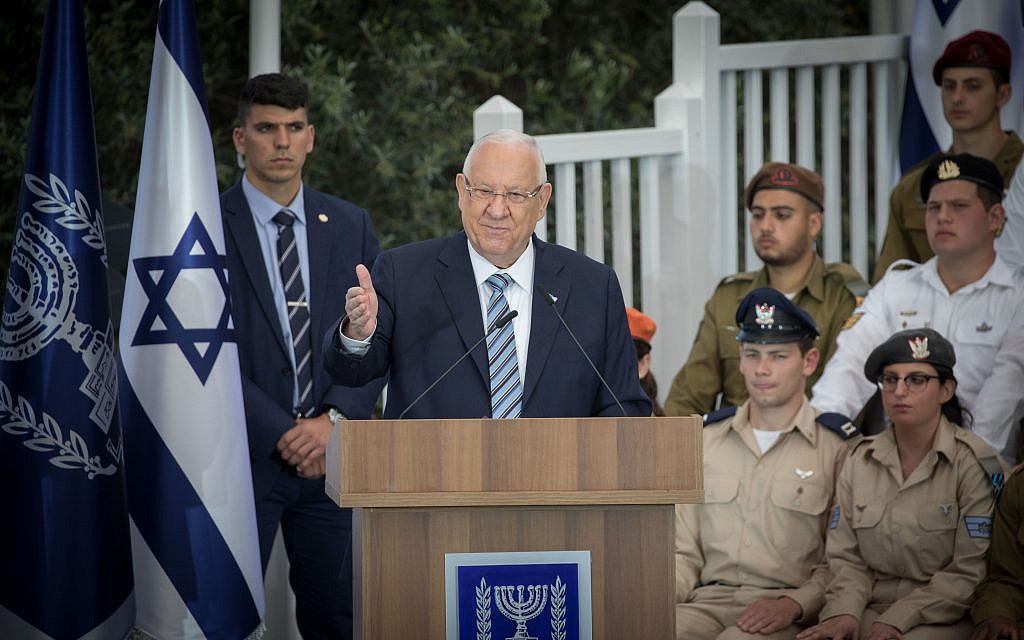 Israeli President Reuven Rivlin speaks during an event for outstanding soldiers as part of Israel's 71st Independence Day celebrations, at the President's residence in Jerusalem on May 9, 2019.  Photo by: JINIPIX