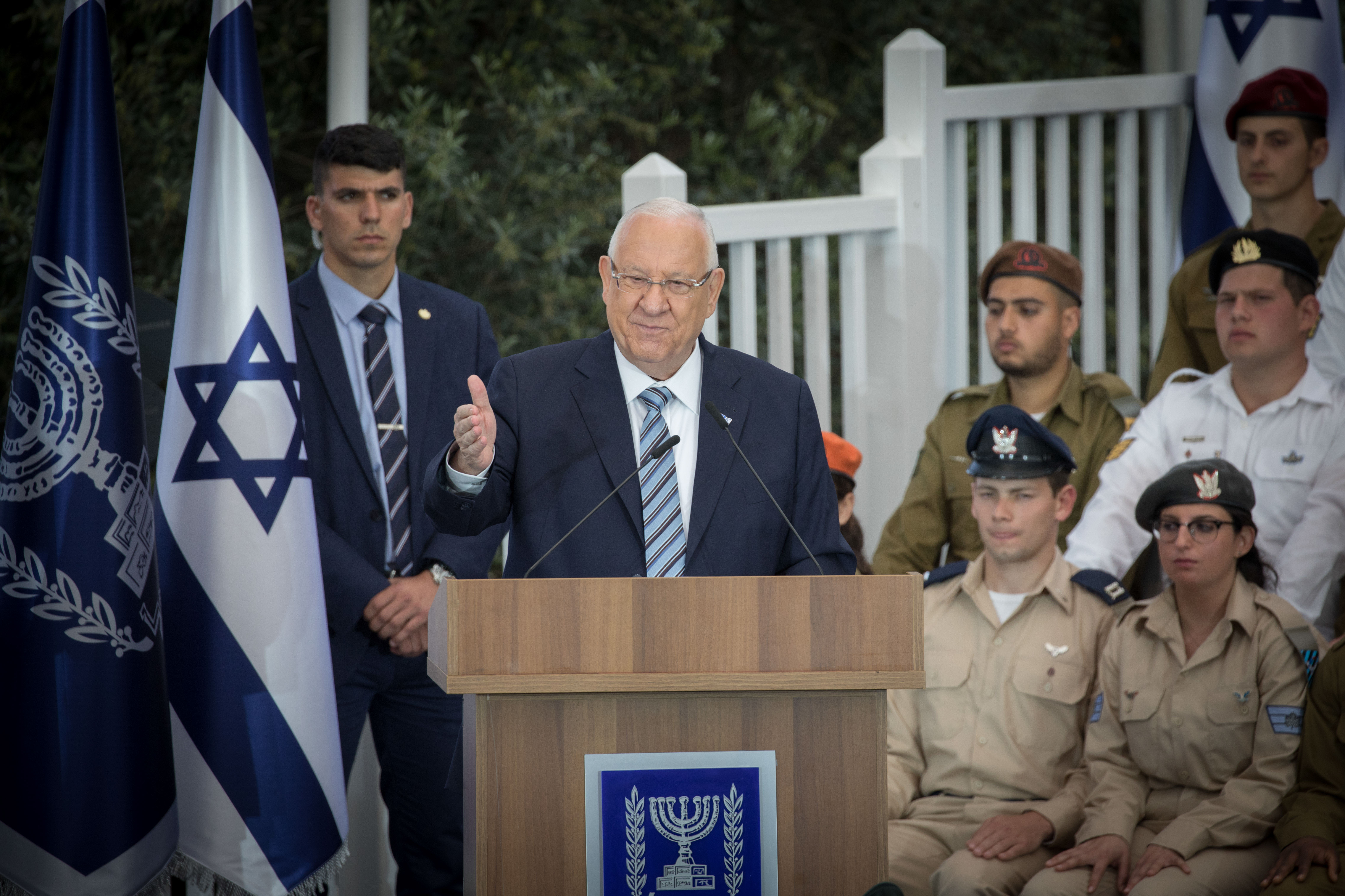 Israeli President Reuven Rivlin speaks during an event for outstanding soldiers as part of Israel's 71st Independence Day celebrations, at the President's residence in Jerusalem on May 9, 2019.  Photo by: JINIPIX