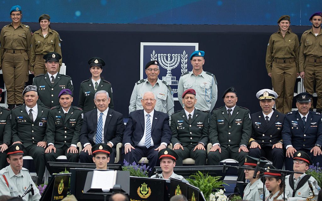 Israeli President Reuven Rivlin, IDF Chief of Staff Aviv Kochavi and Prime Minister Benjamin Netanyahu during an event for outstanding soldiers as part of Israel's 71st Independence Day celebrations, at the President's residence in Jerusalem on May 9, 2019.  Photo by: JINIPIX