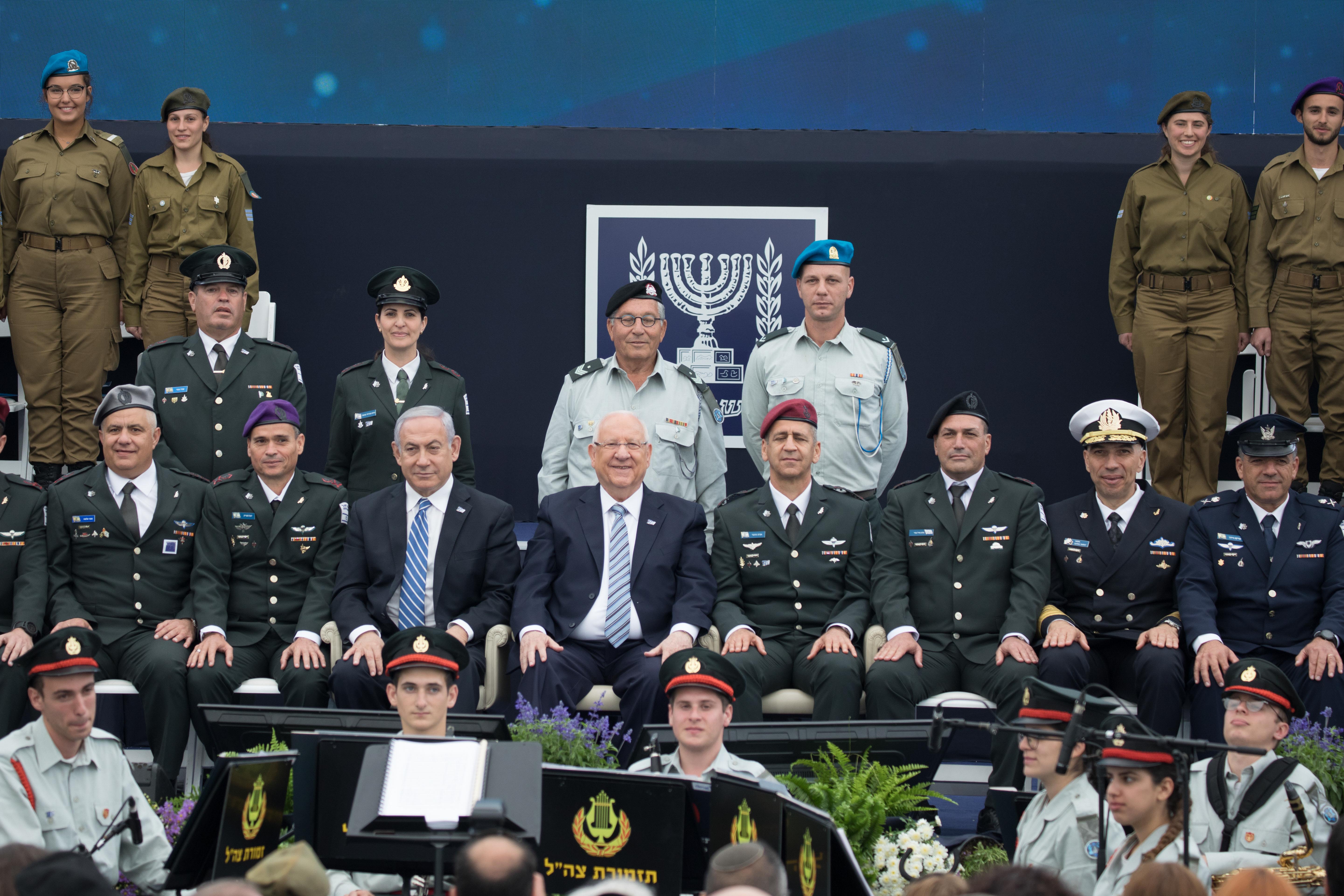 Israeli President Reuven Rivlin, IDF Chief of Staff Aviv Kochavi and Prime Minister Benjamin Netanyahu during an event for outstanding soldiers as part of Israel's 71st Independence Day celebrations, at the President's residence in Jerusalem on May 9, 2019.  Photo by: JINIPIX