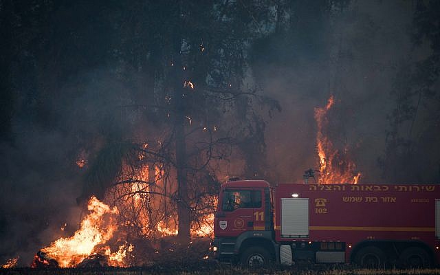 Fire fighters extinguish a forests fire near Kibbutz Harel, Thursday, May 23, 2019. Israeli police have ordered the evacuation of several communities in southern and central Israel as wildfires rage amid a major heatwave. Photo by: JINIPIX