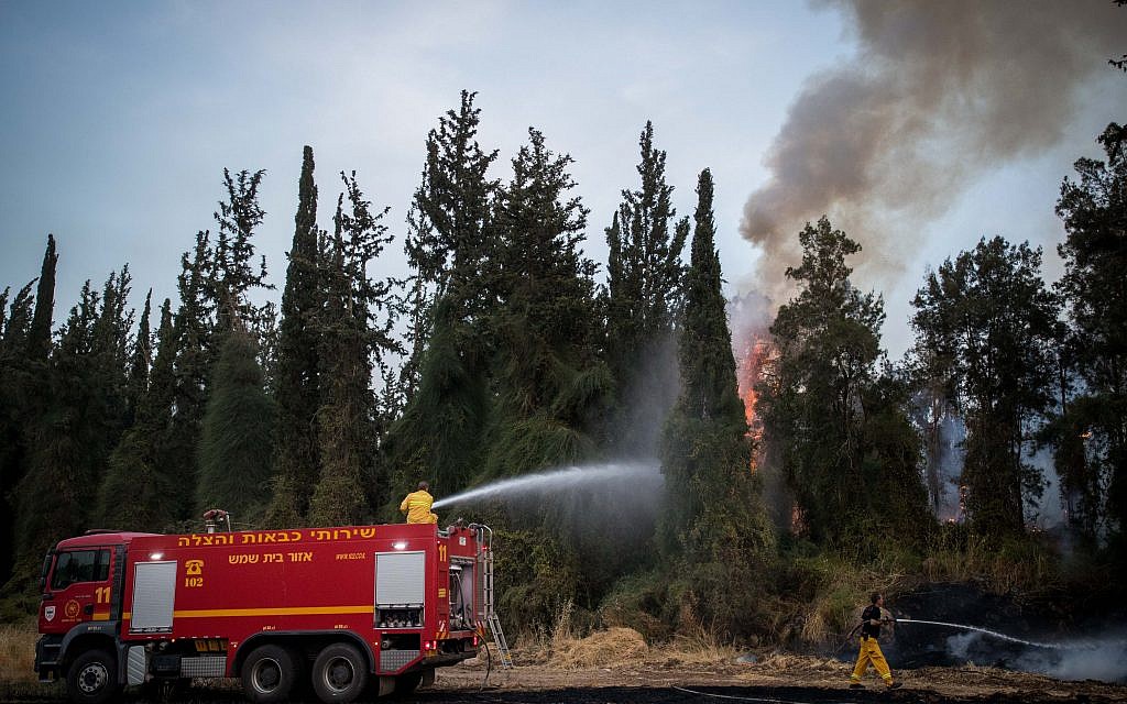 Fire fighters extinguish a forests fire near Kibbutz Harel, Thursday, May 23, 2019. Israeli police have ordered the evacuation of several communities in southern and central Israel as wildfires rage amid a major heatwave. Photo by: JINIPIX