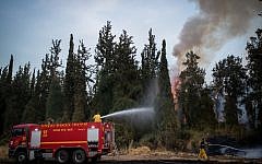 Fire fighters extinguish a forests fire near Kibbutz Harel, Thursday, May 23, 2019. Israeli police have ordered the evacuation of several communities in southern and central Israel as wildfires rage amid a major heatwave. Photo by: JINIPIX