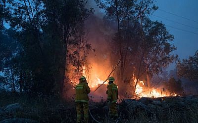 Fire fighters extinguish a forests fire near Kibbutz Harel, Thursday, May 23, 2019.  Photo by: JINIPIX