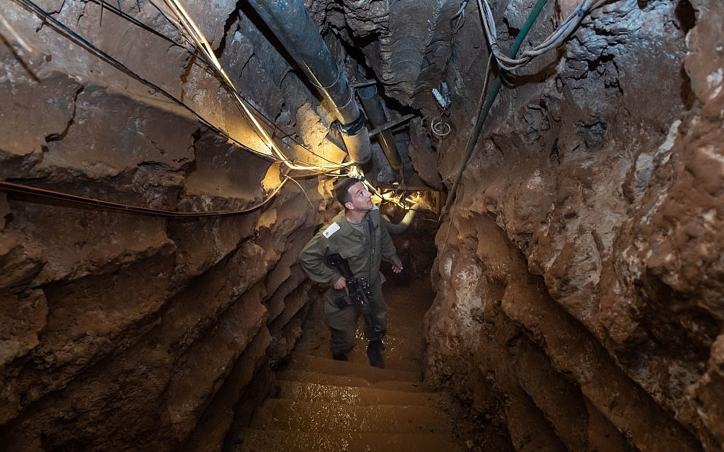 An Israeli soldier stands at a Hezbollah tunnel that crosses from Lebanon to Israel, on the border between Israel and Lebanon in northern Israel, on May 29, 2019. Photo by: Ayal Margolin-JINIPIX