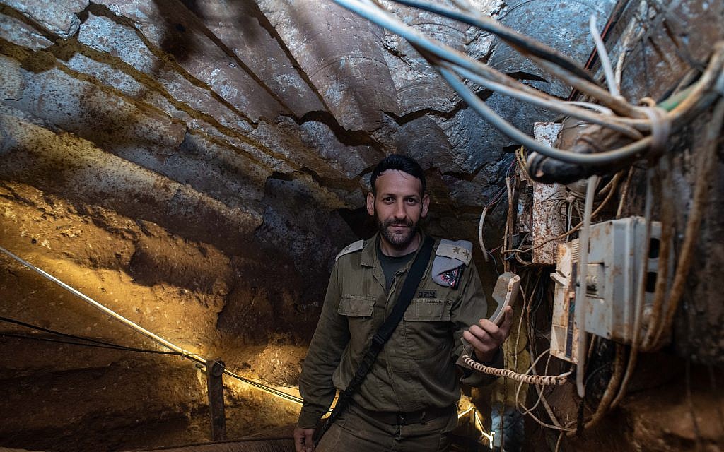 An Israeli soldier stands at a Hezbollah tunnel that crosses from Lebanon to Israel, on the border between Israel and Lebanon in northern Israel, on May 29, 2019. Photo by: Ayal Margolin-JINIPIX