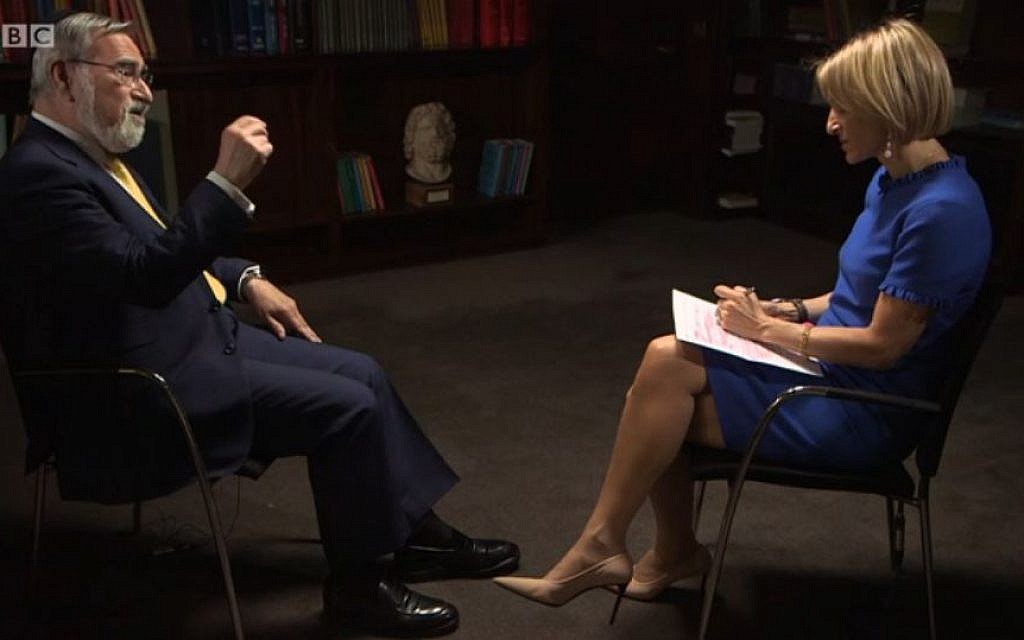 Lord Sacks speaking to the BBC's Emily Maitlis