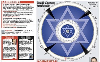 The May 27, 2019 front page of German daily Bild, featuring a cut-out kippah and urging readers to wear the Jewish kippa in protest of antisemitic attacks. (Twitter via Times of Israel)