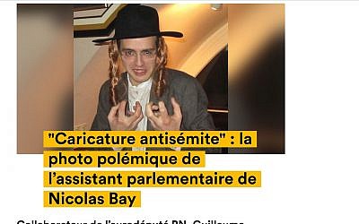 Guillaume Pradoura, an aide to National Assembly leader Nicolas Bay, posing in 2013 while wearing a Haredi Jew costume. (screenshot news.konbini.com via JTA)
