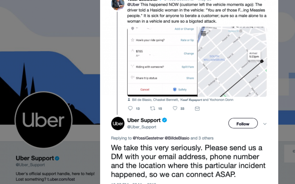Screenshot of the complaint to Uber and the company's response