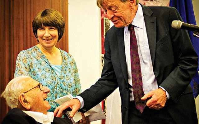 Sir Nichols Winton and his daughter Barbara in 2014, with Lord Alf Dubs.
