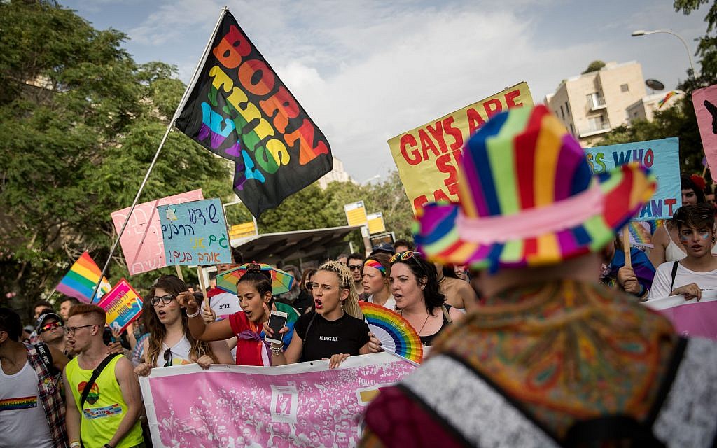 Members and sympathizers of the LGBTI (lesbian, gay, bisexual, transgender, and intersex) community participate in the annual Gay Pride parade in Jerusalem, 2019. Photo by: JINIPIX Members and sympathizers of the LGBTI (lesbian, gay, bisexual, transgender, and intersex) community participate in the annual Gay Pride parade in Jerusalem, 2019. Photo by: JINIPIX