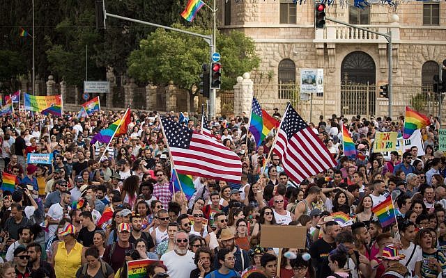 Members and sympathizers of the LGBTI (lesbian, gay, bisexual, transgender, and intersex) community participate in the annual Gay Pride parade in Jerusalem, Israel, 06 June 2019. Under heavy police security, thousands of people marched at the 18th Jerusalem March for pride and tolerance, this year's parade theme is "One Community - Many Faces" as marchers call for equality, security and freedom for the LGBT community. Photo by: JINIPIX