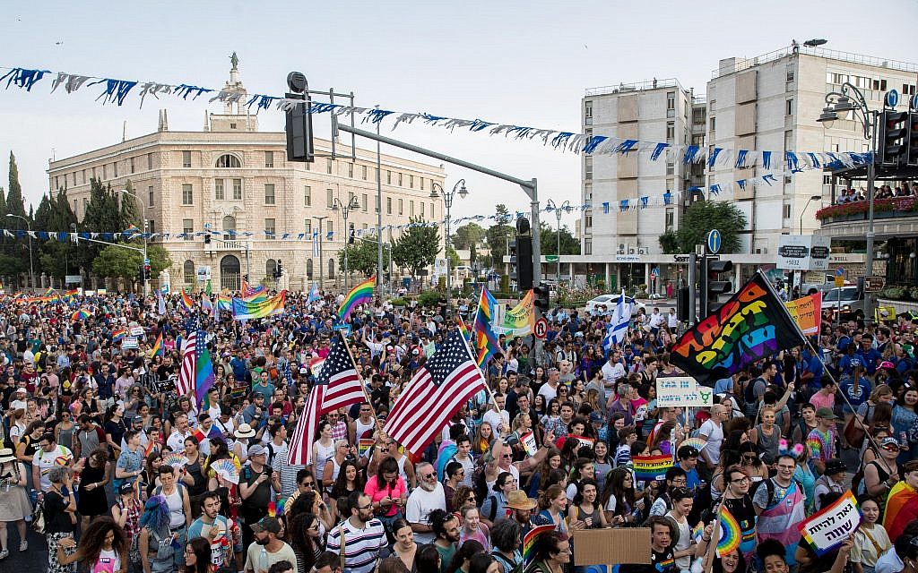 Members and sympathizers of the LGBTI (lesbian, gay, bisexual, transgender, and intersex) community participate in the annual Gay Pride parade in Jerusalem, Israel, 06 June 2019. Under heavy police security, thousands of people marched at the 18th Jerusalem March for pride and tolerance, this year's parade theme is "One Community - Many Faces" as marchers call for equality, security and freedom for the LGBT community. Photo by: JINIPIX Members and sympathizers of the LGBTI (lesbian, gay, bisexual, transgender, and intersex) community participate in the annual Gay Pride parade in Jerusalem, Israel, 06 June 2019. Under heavy police security, thousands of people marched at the 18th Jerusalem March for pride and tolerance, this year's parade theme is "One Community - Many Faces" as marchers call for equality, security and freedom for the LGBT community. Photo by: JINIPIX