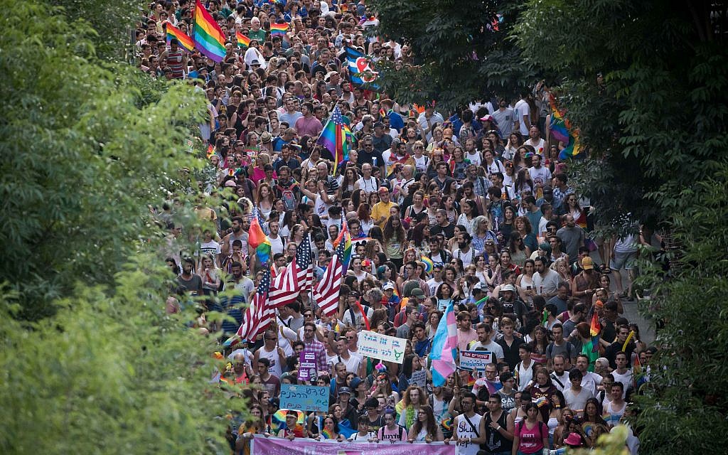 Members and sympathizers of the LGBTI (lesbian, gay, bisexual, transgender, and intersex) community participate in the annual Gay Pride parade in Jerusalem, Israel, 06 June 2019. Under heavy police security, thousands of people marched at the 18th Jerusalem March for pride and tolerance, this year's parade theme is "One Community - Many Faces" as marchers call for equality, security and freedom for the LGBT community. Photo by: JINIPIX Members and sympathizers of the LGBTI (lesbian, gay, bisexual, transgender, and intersex) community participate in the annual Gay Pride parade in Jerusalem, Israel, 06 June 2019. Under heavy police security, thousands of people marched at the 18th Jerusalem March for pride and tolerance, this year's parade theme is "One Community - Many Faces" as marchers call for equality, security and freedom for the LGBT community. Photo by: JINIPIX