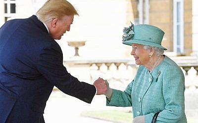Queen Elizabeth II greets US President Donald Trump as he arrives for the Ceremonial Welcome at Buckingham Palace, London, on day one of his three day state visit to the UK. (Photo credit: Victoria Jones/PA Wire via Jewish News)