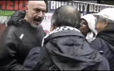 Damon Lenszer (left) and Jonathan Hoffman (right) confronting anti-Israel demonstrators