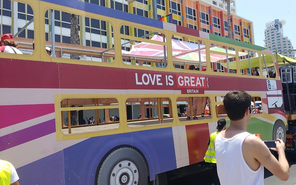 The British float at Tel Aviv Pride, reading 'love is great'