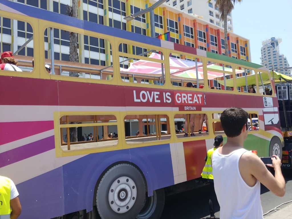 The British float at Tel Aviv Pride, reading 'love is great'