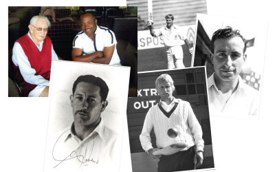 Left: Norman Gordon with Brian Lara, and below in his younger days. Julien Weiner is pictured with his bat raised and below, with Mike Barnard to his right.