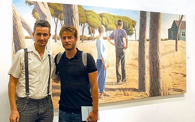 Alex Tubis with Michael Aloni, with his work Come to me. Stay with me, 2016, in the background.