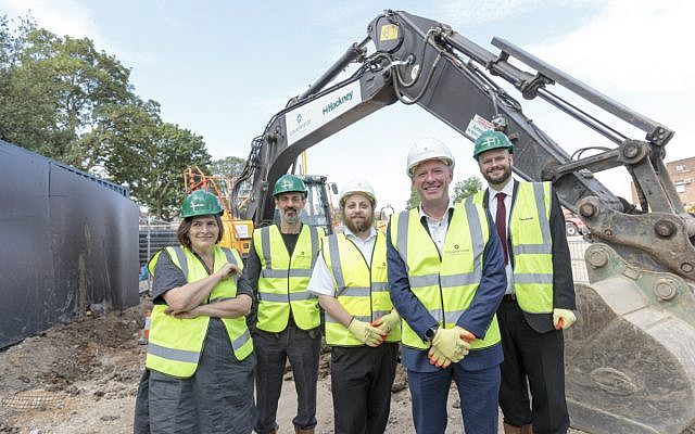 Tower Court Ground breaking ceremony. L-R: Liza Fior, muf architecture/art; Adam Khan, Adam Khan Architects; Motty Friesel, Hatzola; Andy Fancy, Countryside; Philip Glanville, Mayor of Hackney