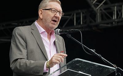 Len McCluskey makes a speech during the Durham Miners' Gala.  Photo credit: Owen Humphreys/PA Wire