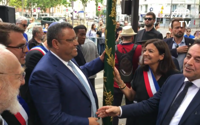 Jerusalem Mayor Moshe Lion, left, with Paris Mayor Anne Hidalgo and Joel Mergui, president of the Consistoire communal Jewish organization, on the right.  (Screenshot)