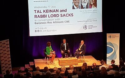 Rabbi Lord Sacks in conversation with Tal Keinan at an event moderated by Baroness Ros Altmann at JW3
