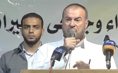 Fathi Hammad, right, was a Hamas cabinet member until 2014. (Screenshot from YouTube)