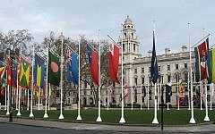 Flags of Commonwealth nations outside Parliament Square in Westminster. (Wikipedia/Simon Berry)