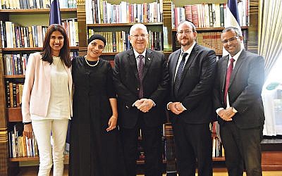 Anat Nehemia Lavee, Faten Alzinati, President Reuven Rivlin, Rabbi Zvi Shreiber and Harel Tubi
