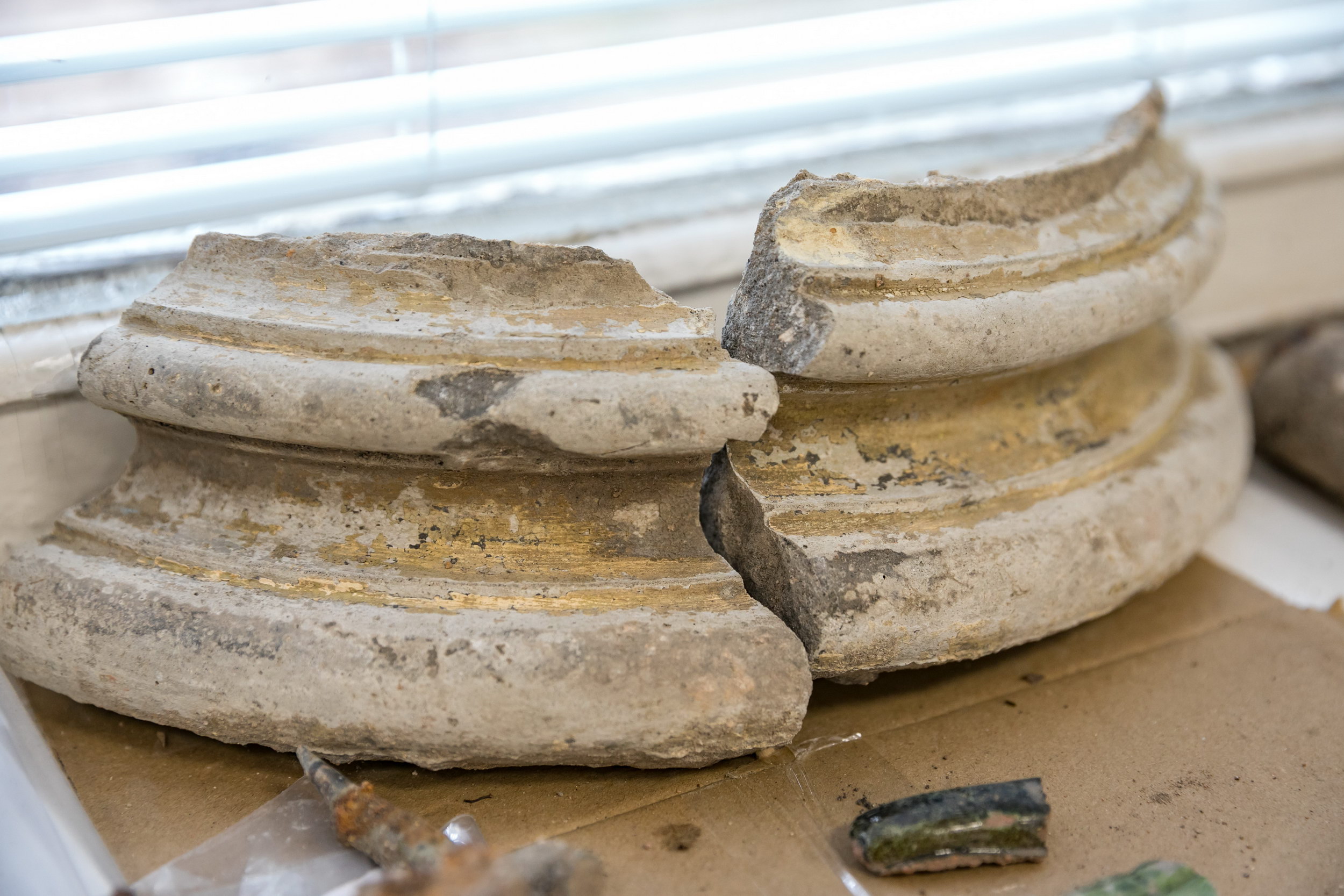 While excavating the premises of the Great Synagogue of Vilna in Vilnius Old Town, archaeologists have unveiled two out of four pillars that were surrounding the pulpit  (Credit: Vilnius City Municipality.)