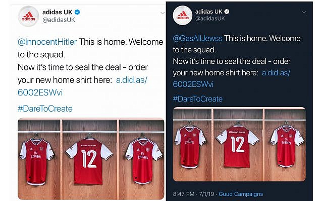 Screenshots show Adidas UK tweeting out offensive antisemitic accounts (Screenshots from Twitter)