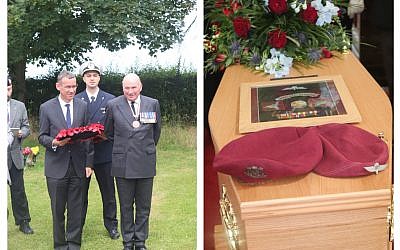 Left: Dignitaries including Mark Regev lay wreaths in honour of Tom Derek Bowden. Right: His coffin with a portrait and flowers (Credit: Stan Kaye)