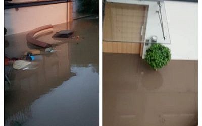 Split screen from the fundraising page showing the flood damage