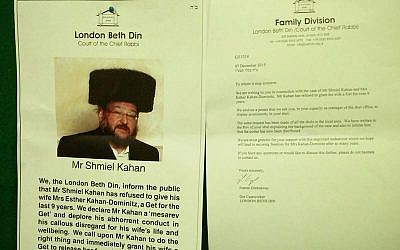Poster that the London Beth Din issued in 2015 condemning his actions, calling on him to give her a get.