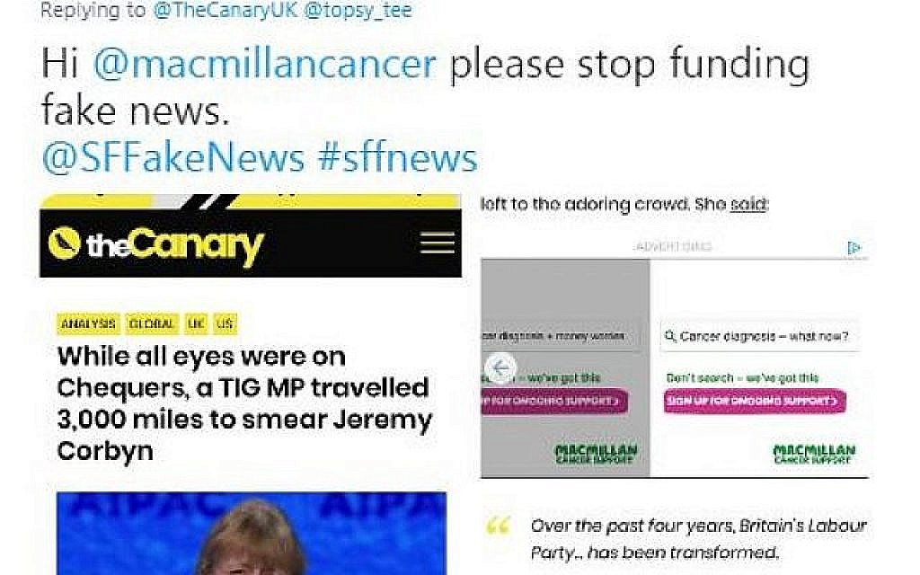 Screenshot from Twitter, showing the SFFN campaign urging Macmillan Cancer Care to remove its advert from the Canary.